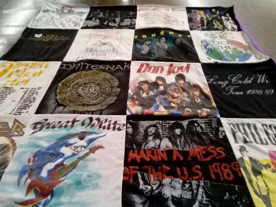 T-shirt quilt with music, rock themes by Leatha from PA