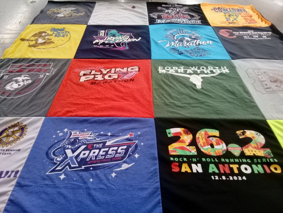T-shirt quilt with running, fitness themes by Alyson from TX