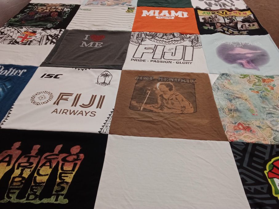 T-shirt quilt with music, travel themes by Hana from CA