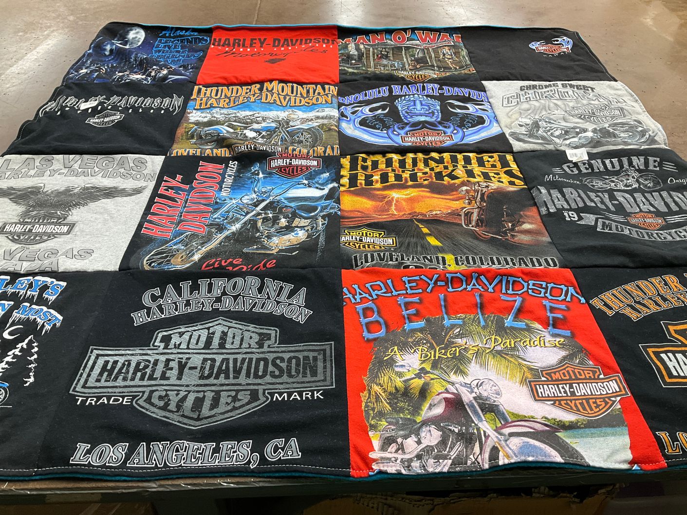 T-shirt quilt with motorcycles, biking themes by Rosita from CO