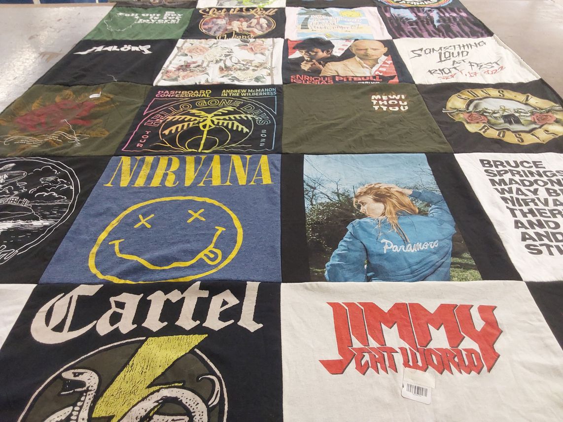 T-shirt quilt with music, concerts themes by Jessica from TX