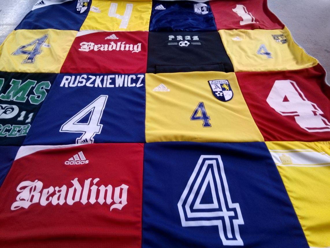 T-shirt quilt with soccer themes by Mary from NC