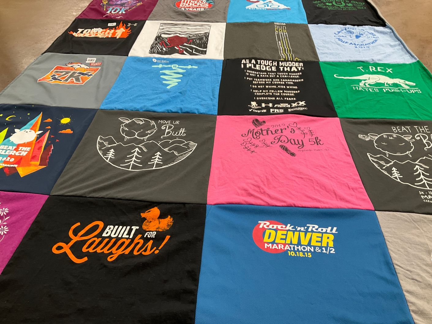 T-shirt quilt with running, fitness themes by Sarah from CO
