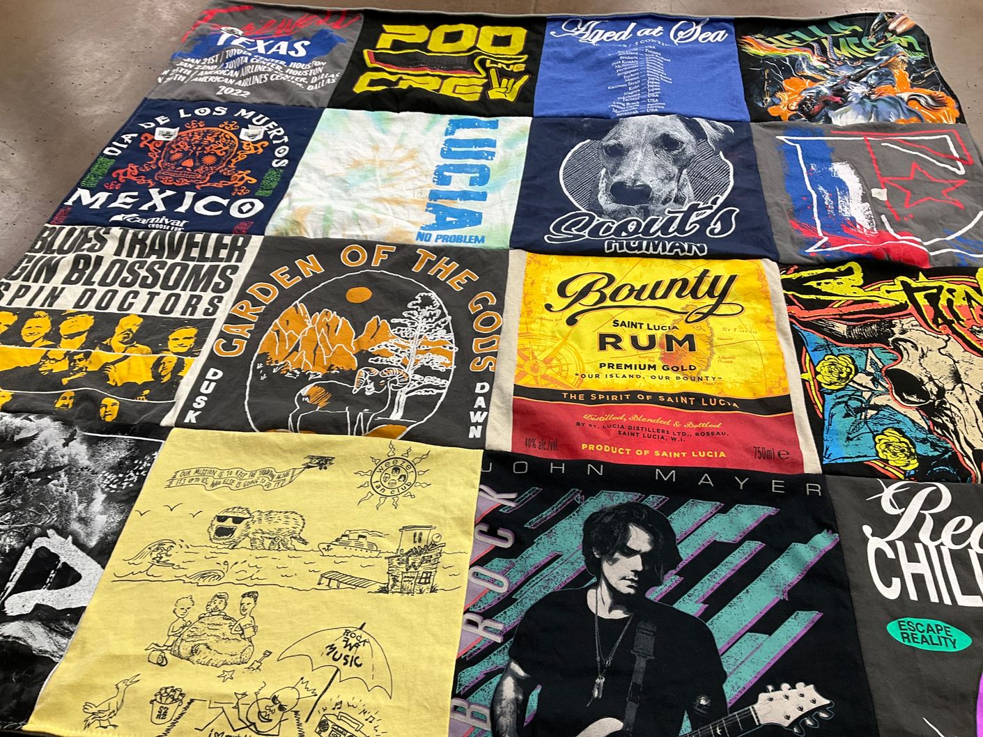 T-shirt quilt with music, travel themes by Candise from TX