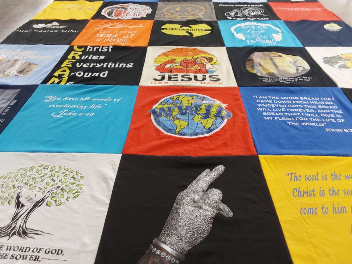 T-shirt quilt with faith, religion themes by Miguel from TX