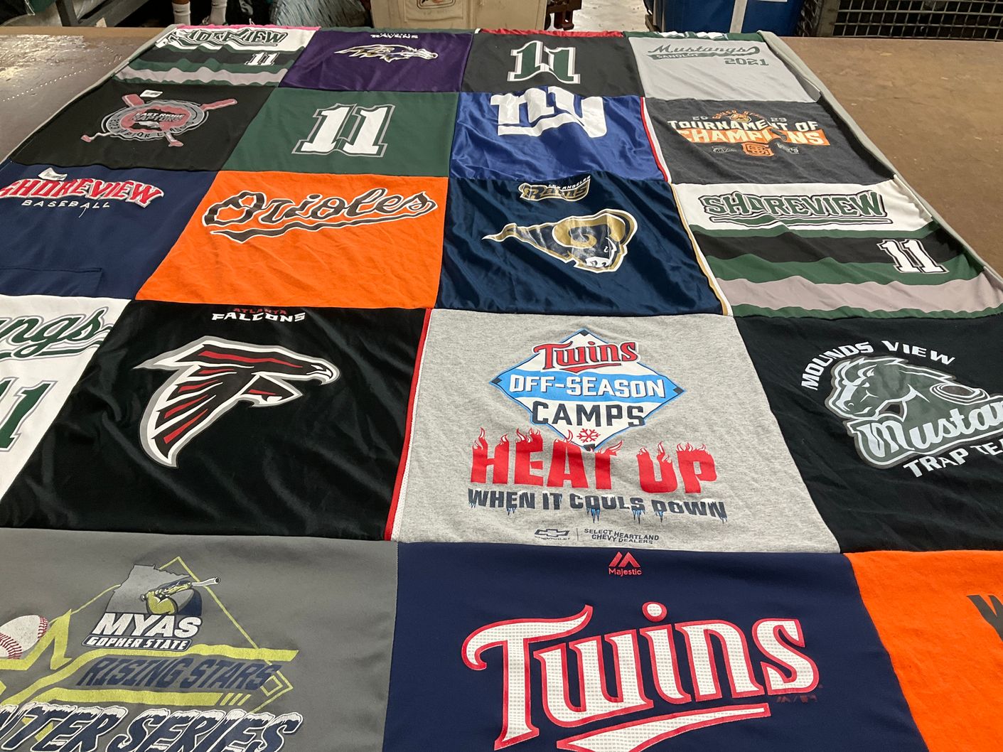 T-shirt quilt featuring atlanta falcons, minnesota twins by Michelle from MN