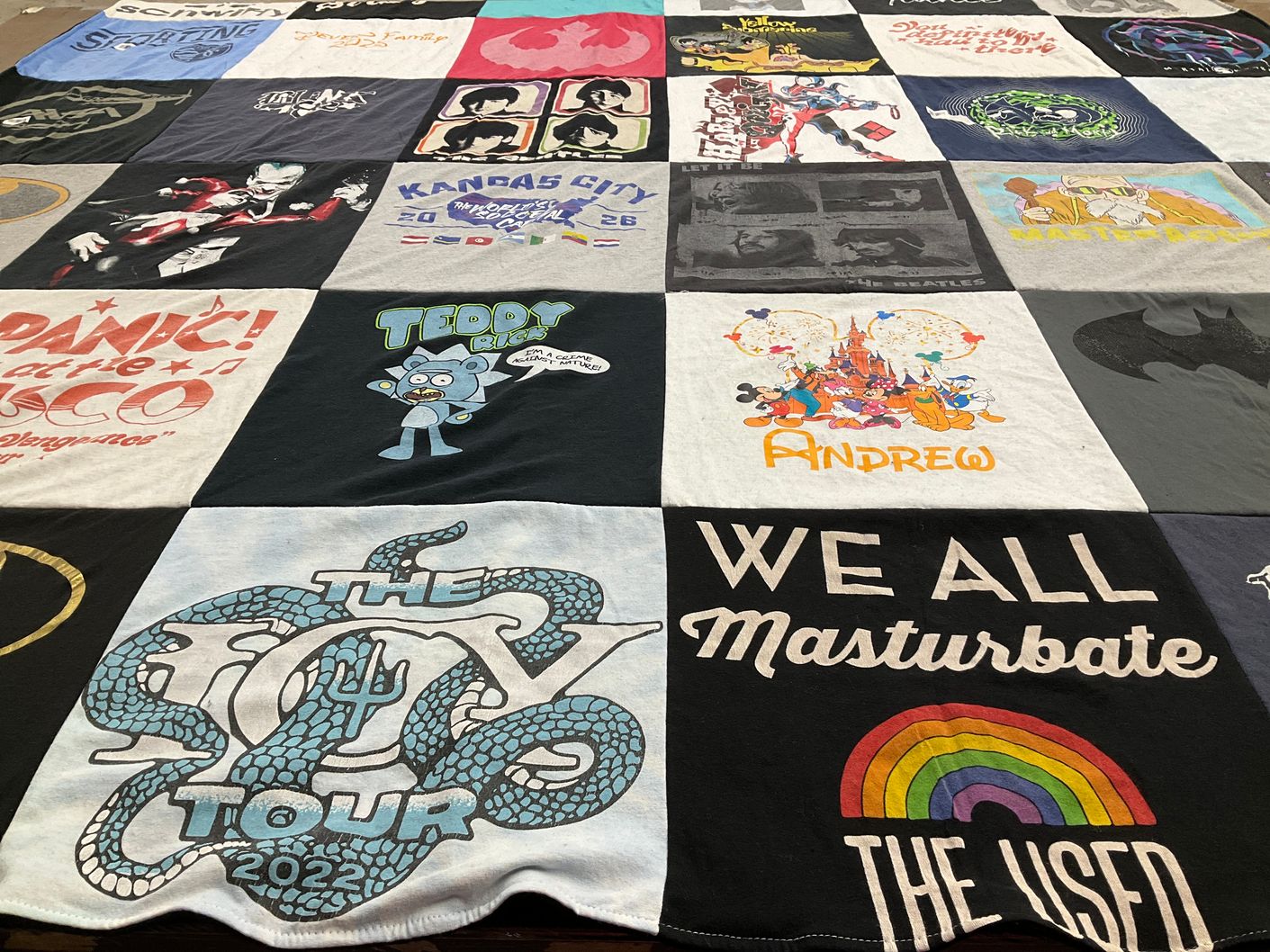 T-shirt quilt with music, pop culture themes by Alicia from MO