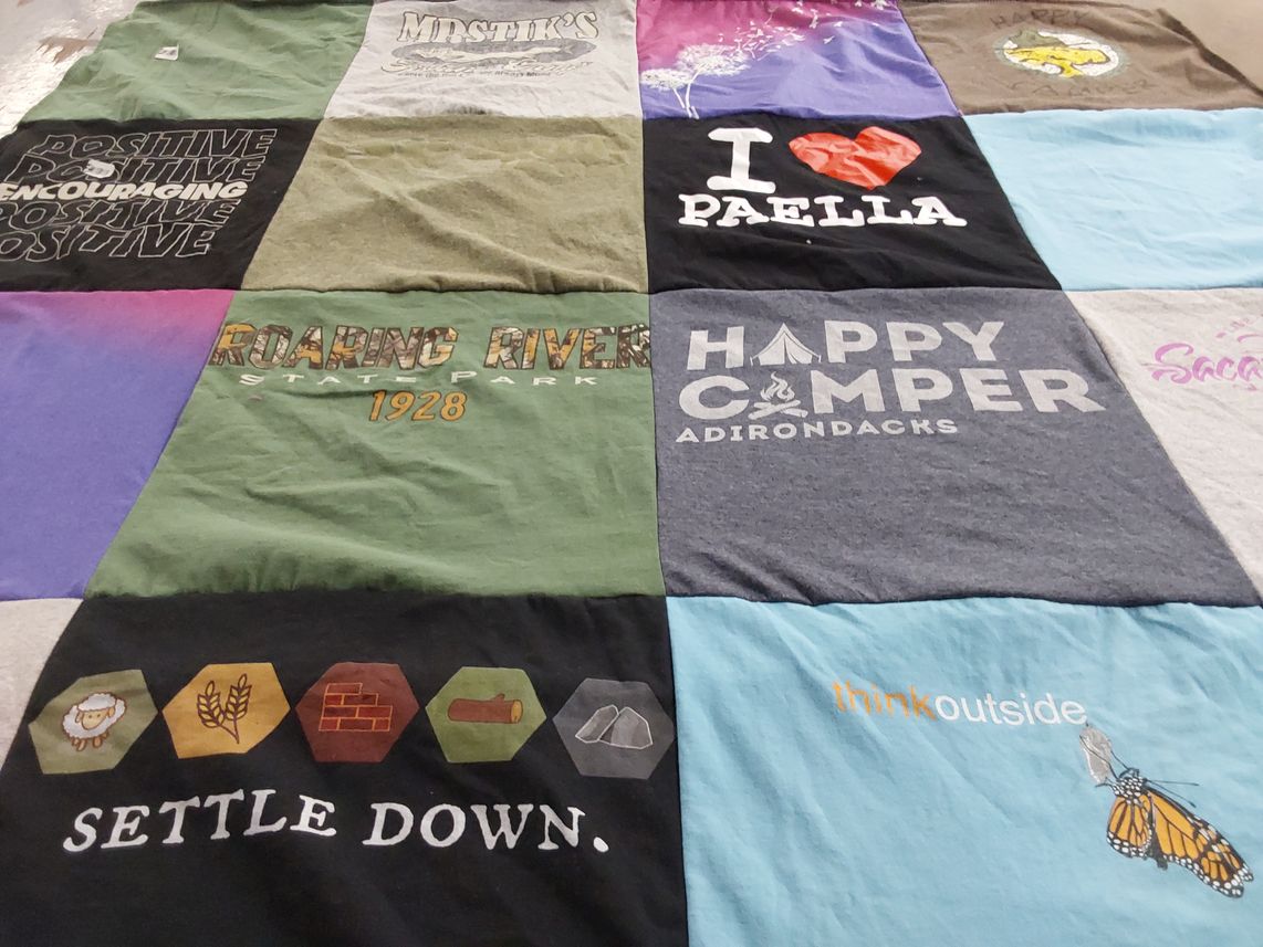 T-shirt quilt with camping, outdoors themes by Amy from VA