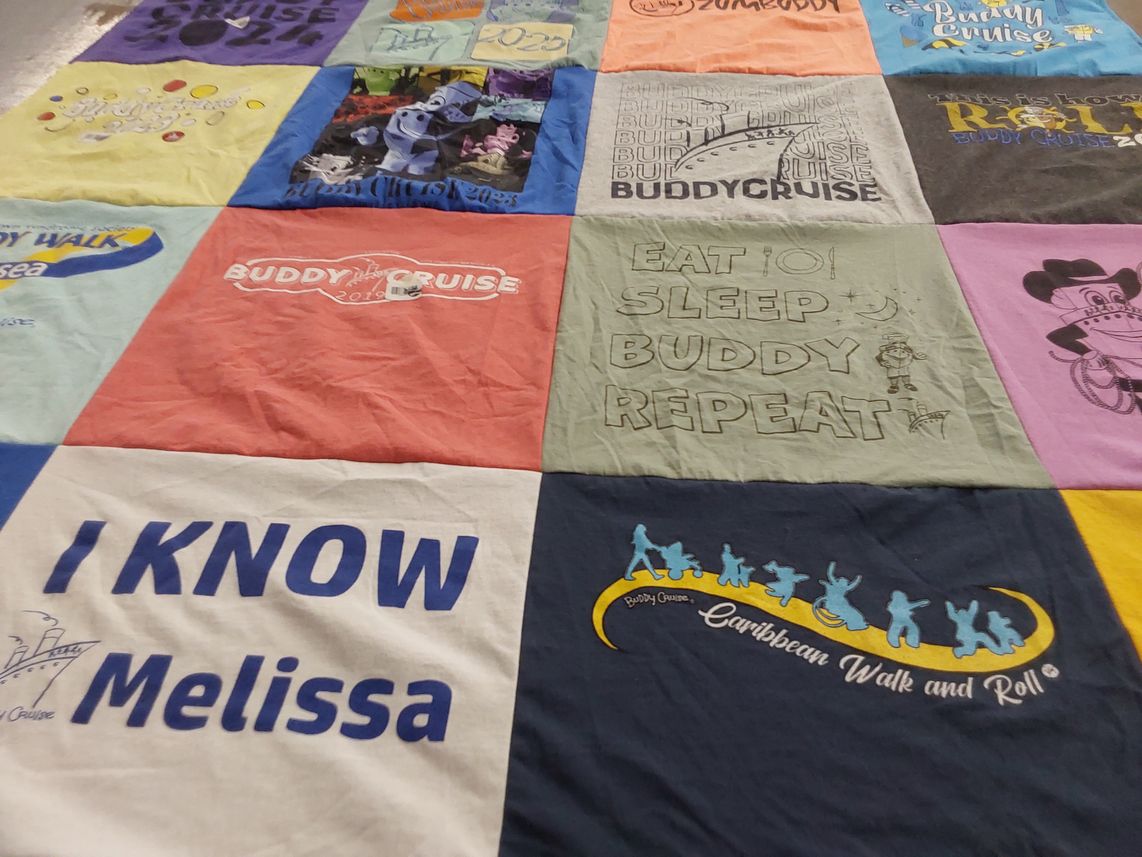 T-shirt quilt with cruising, community support themes by Janice from MI