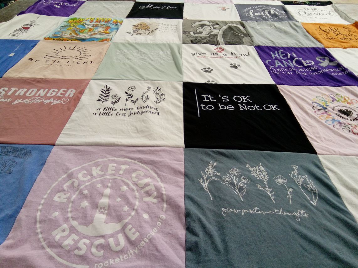T-shirt quilt with cancer awareness, animal rescue themes by Randall from AL