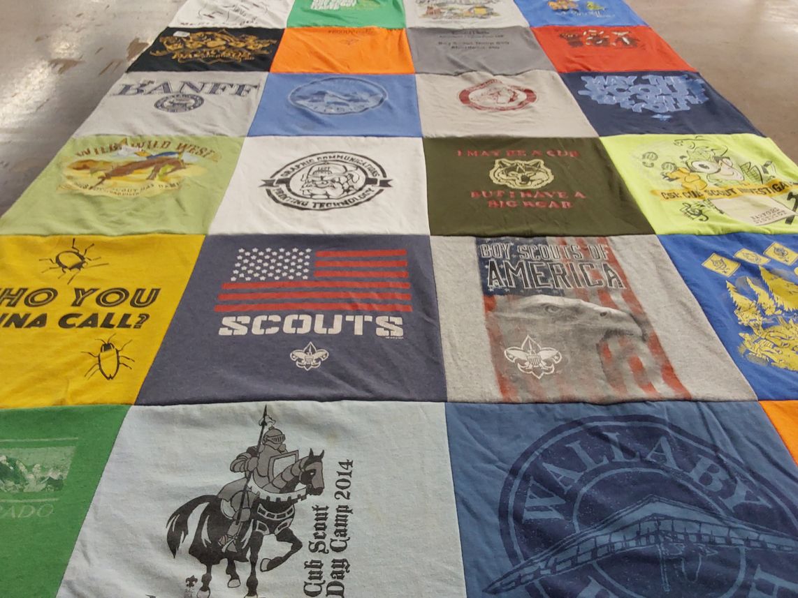 T-shirt quilt with scouting, outdoor activities themes by Loyce from MD