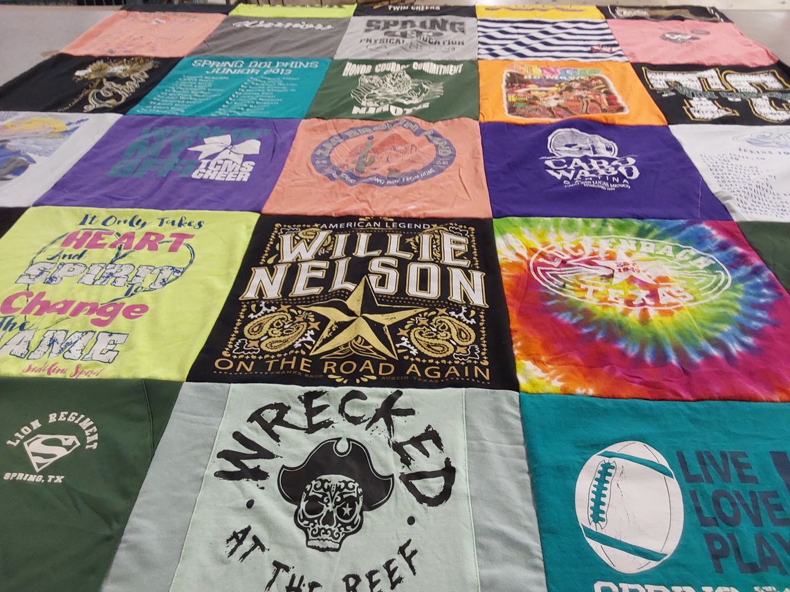 T-shirt quilt with music, sports themes by Corie from TX