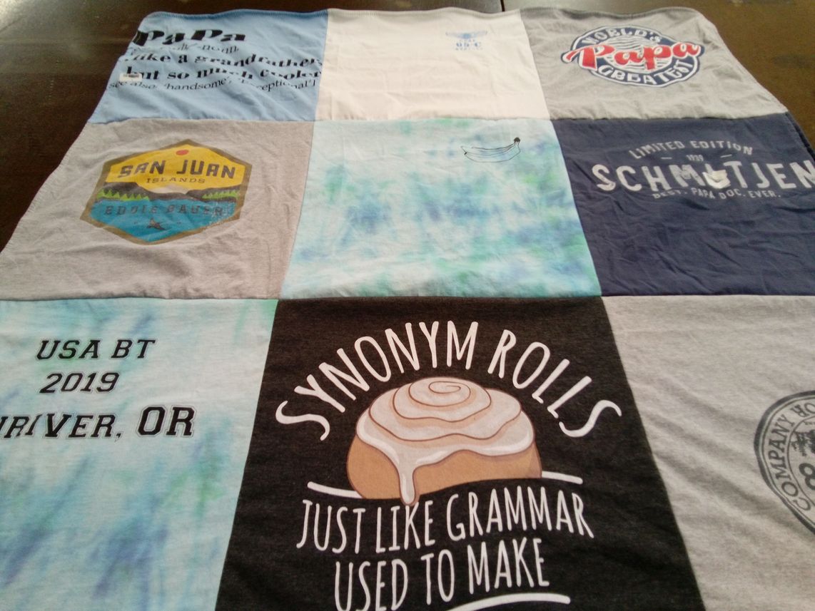 T-shirt quilt with grammar, baking themes by Sandra from CA
