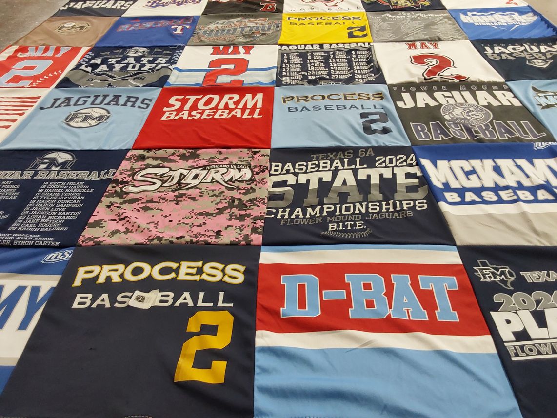 T-shirt quilt featuring flower mound jaguars, highland village storm by Katie from TX