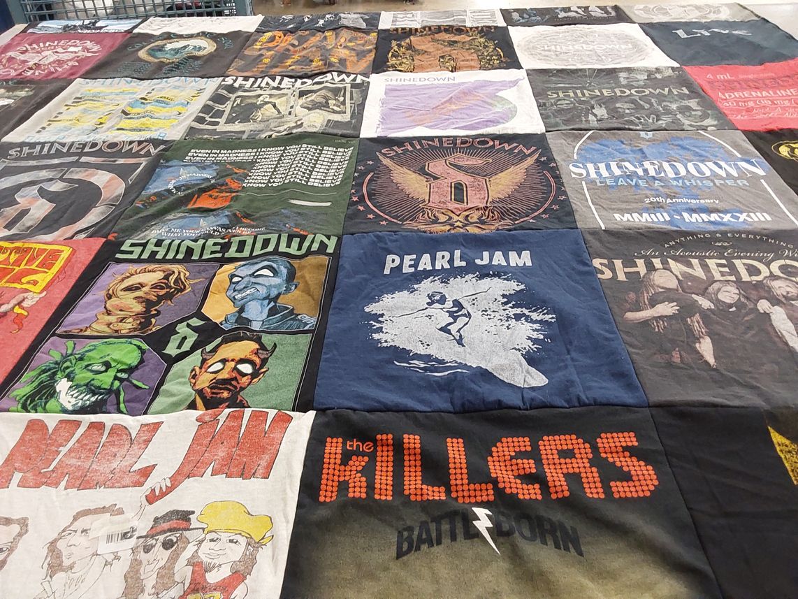 T-shirt quilt with music, rock bands themes by Doug from IN