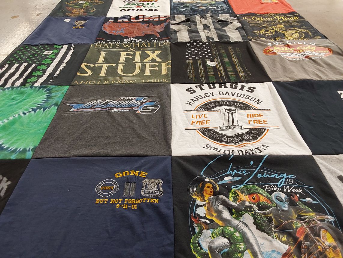 T-shirt quilt with motorcycles, biking themes by Phyllis from FL