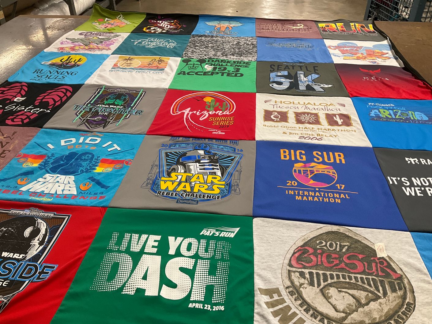 T-shirt quilt with running, marathons themes by Julie from AZ