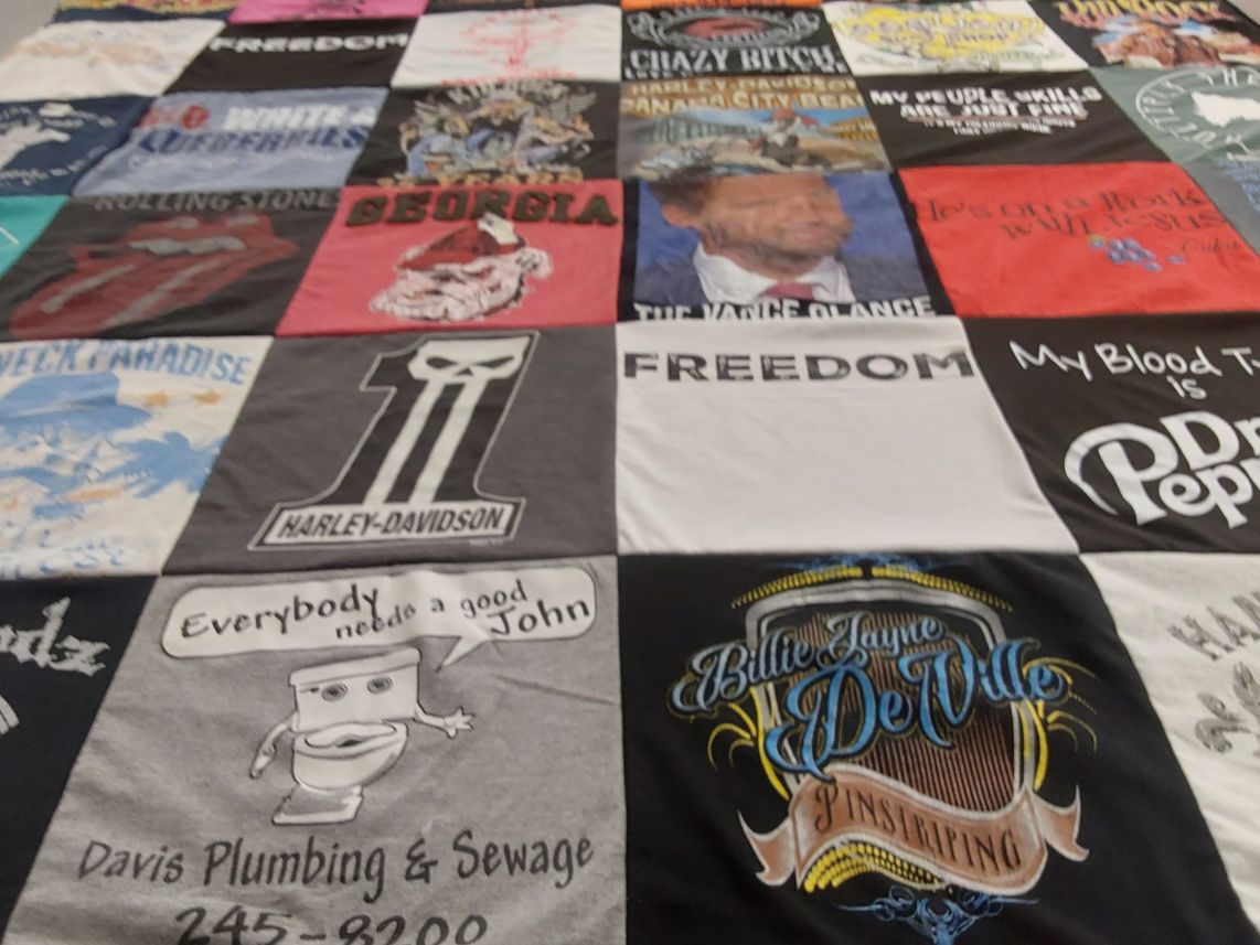 T-shirt quilt with motorcycle, music themes by Peggy from SC