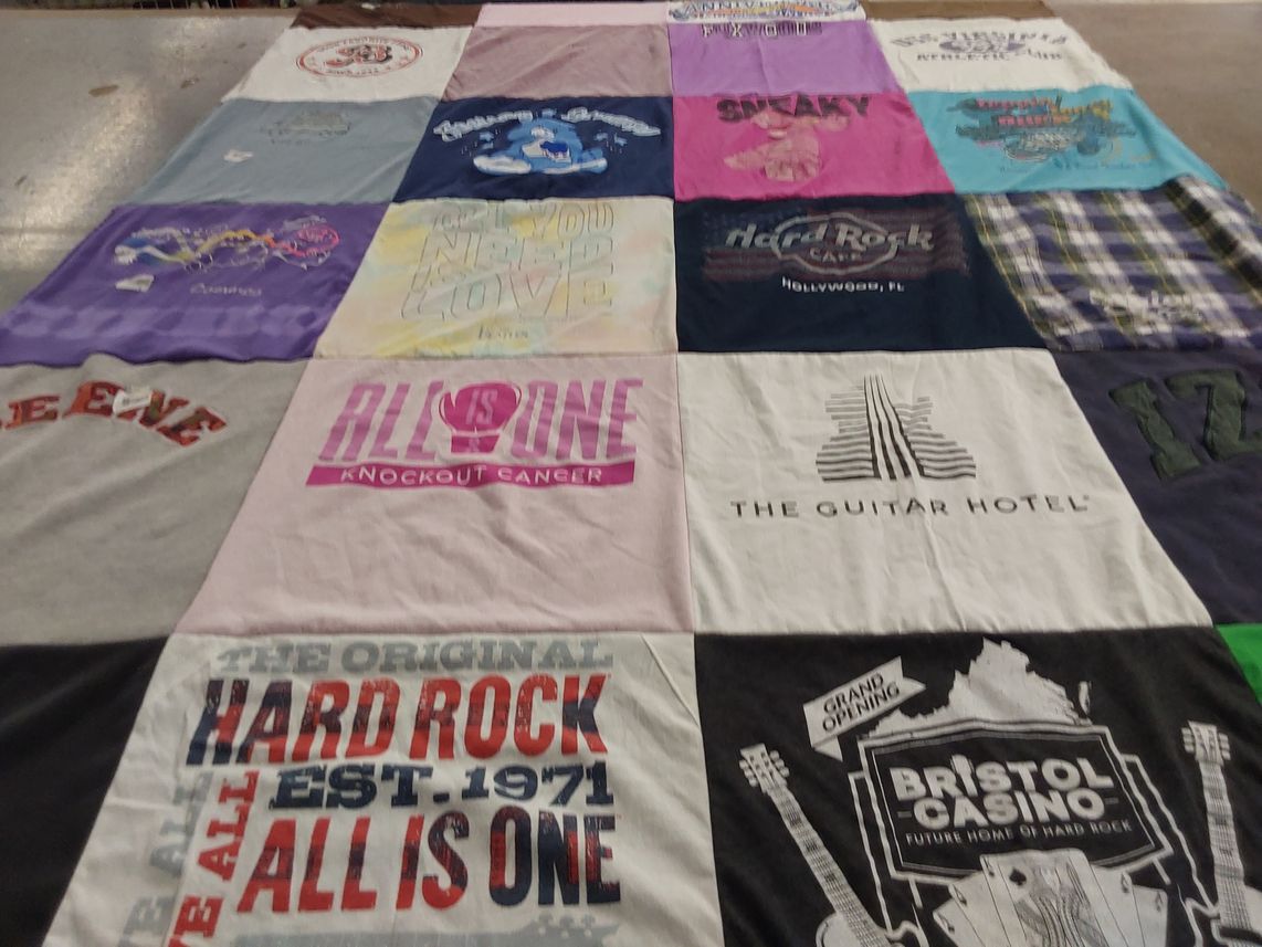 T-shirt quilt with music, gaming themes by valindria from TN