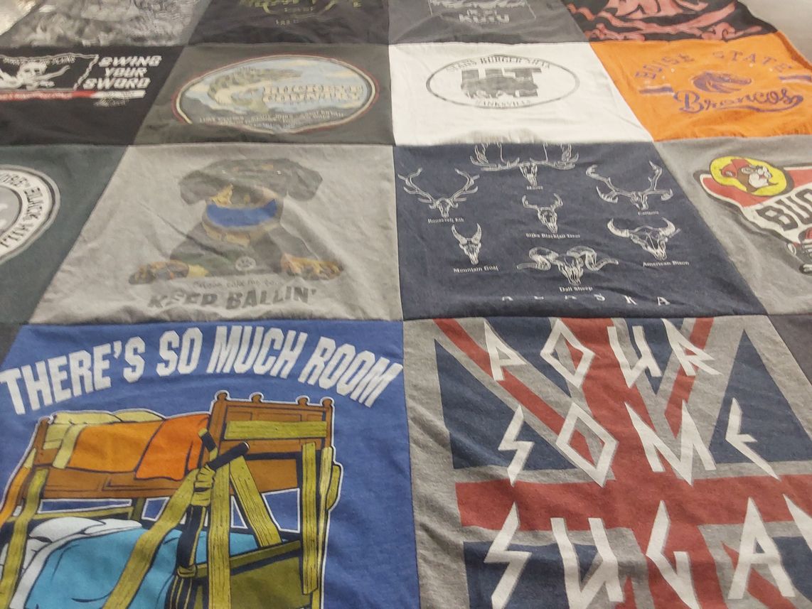 T-shirt quilt with camping, outdoors themes by Darcie from WA