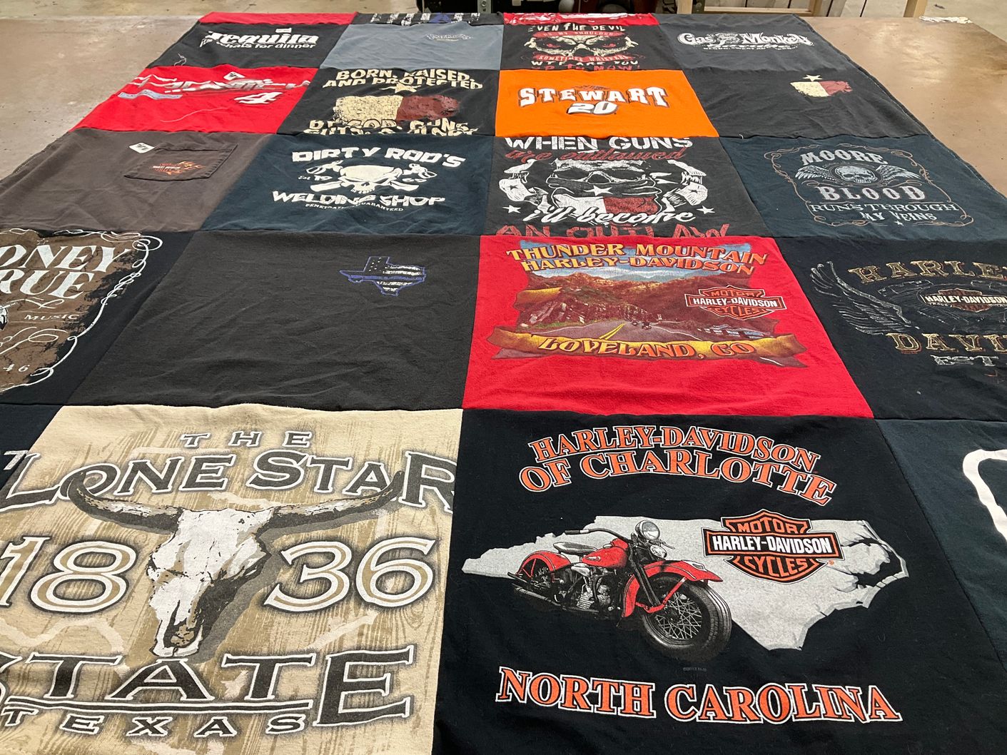 T-shirt quilt with motorcycles, music themes by Stephanie from TX