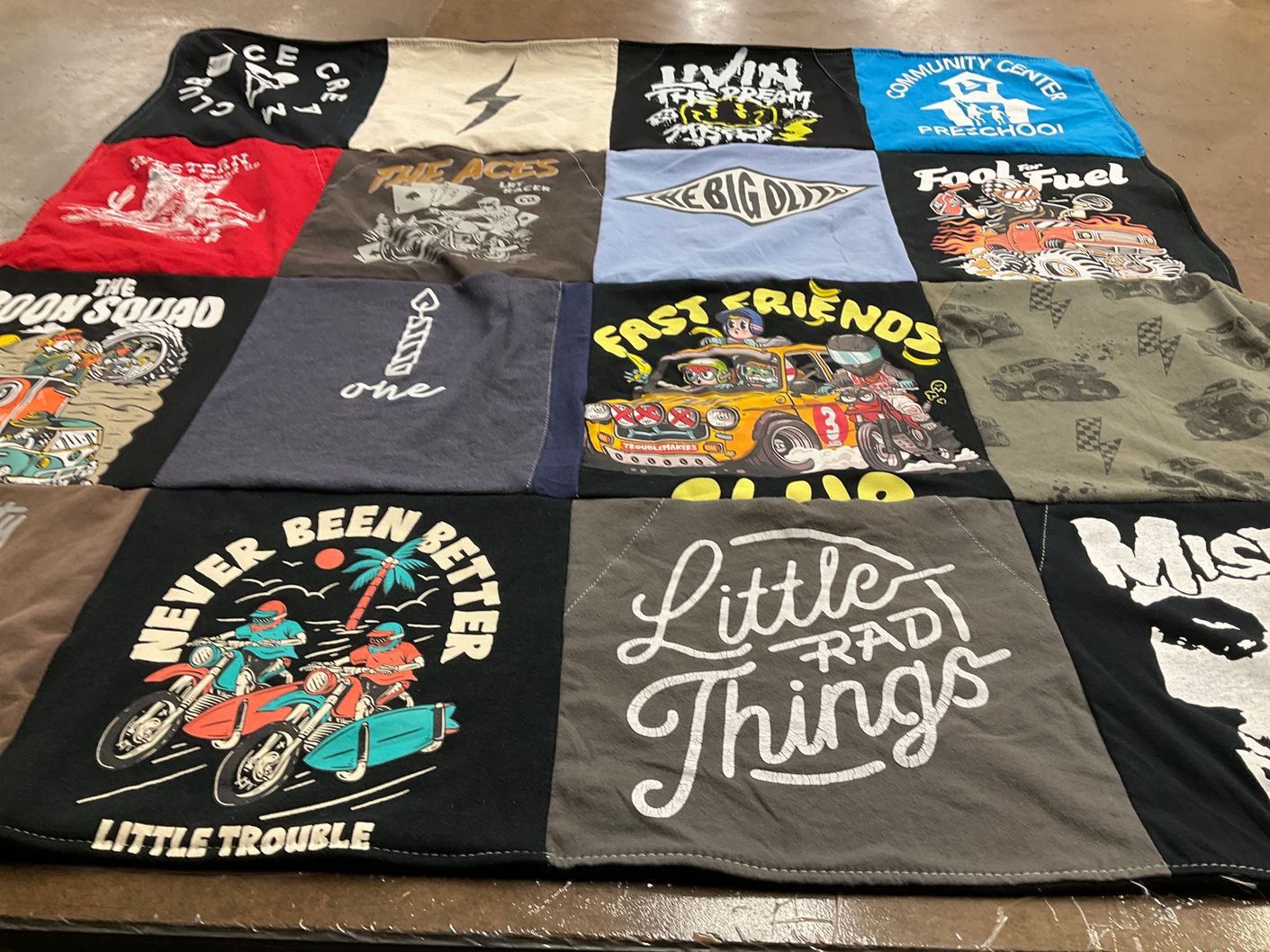 T-shirt quilt with motorcycles, racing themes by Claudia from CA