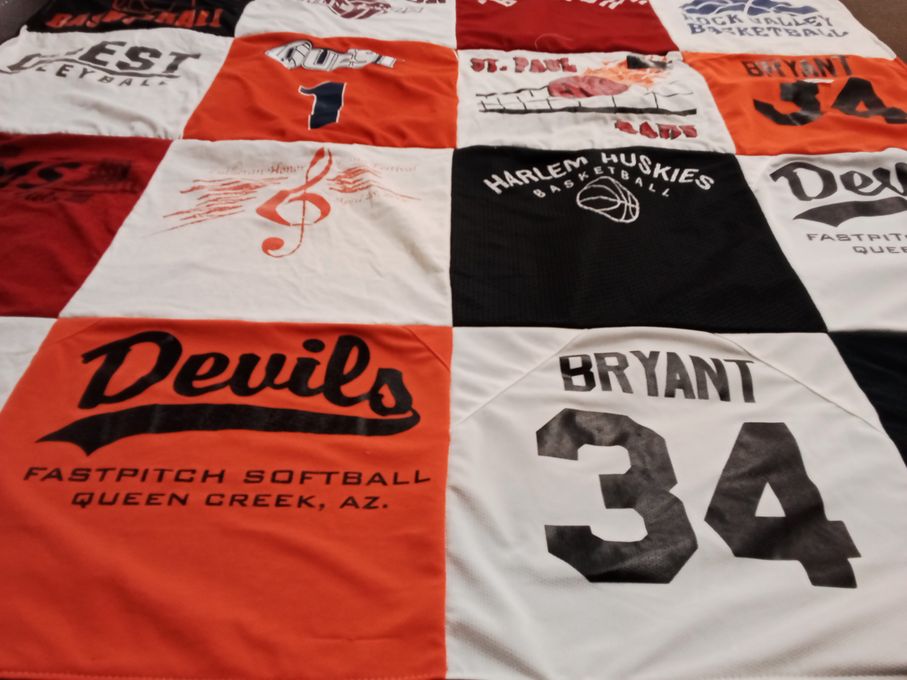 T-shirt quilt featuring harlem huskies basketball, devils fastpitch softball by Bonnie+ from IL