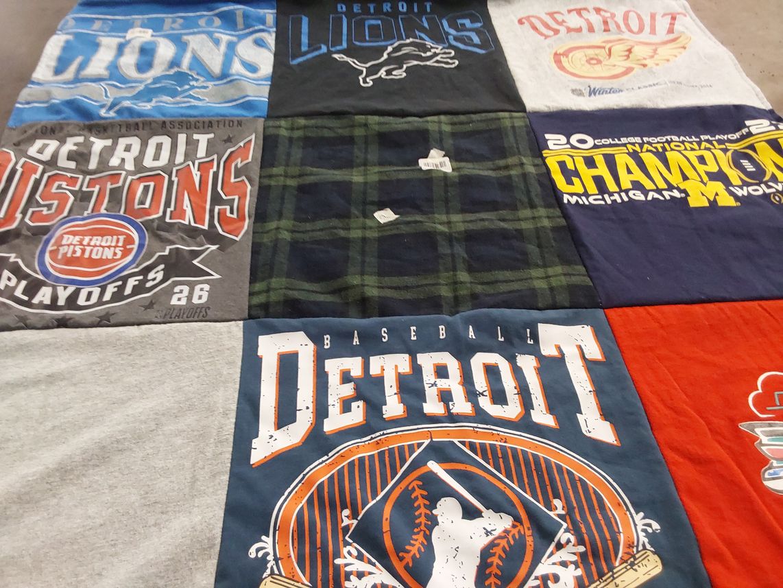 T-shirt quilt featuring detroit lions, detroit pistons by Judy from MI