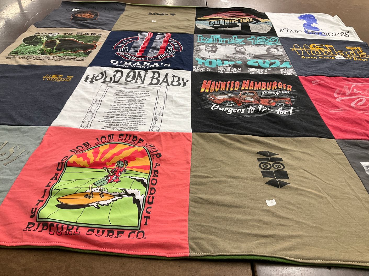 T-shirt quilt with surfing, food themes by WENDY from AZ