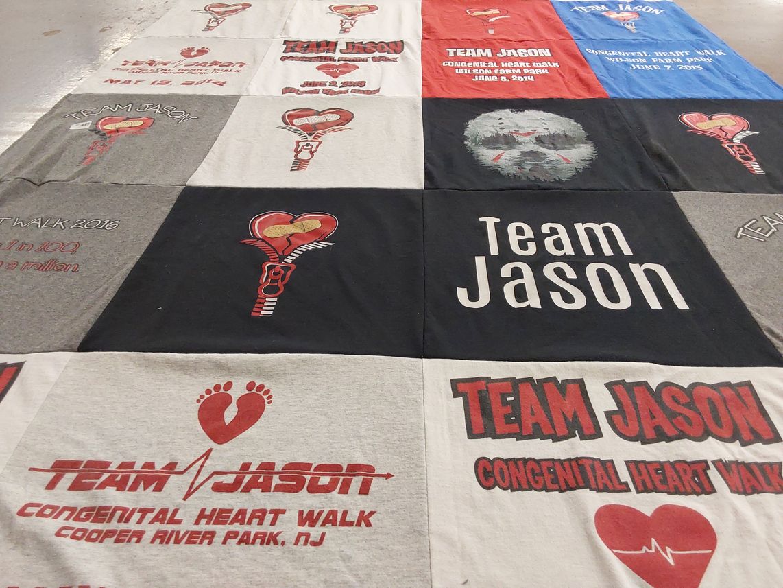 T-shirt quilt with heart health, awareness themes by JEANNINE from PA