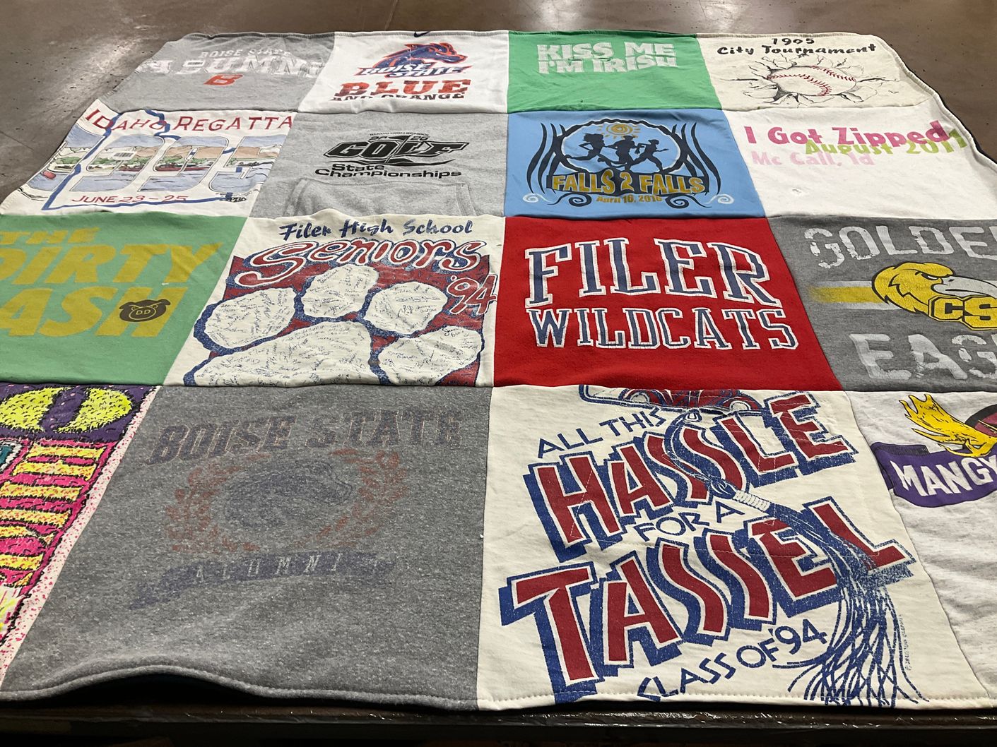 T-shirt quilt from filer high school, boise state university by Tina from ID