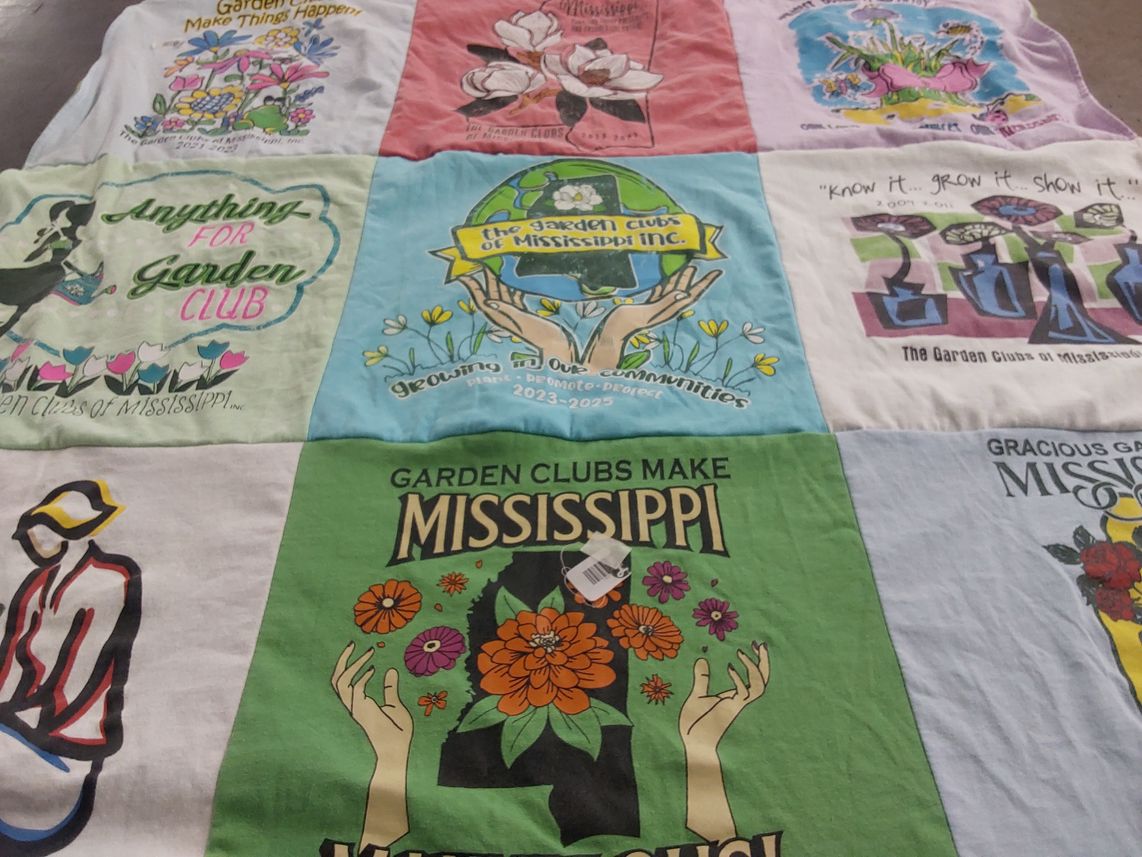 T-shirt quilt with gardening, community service themes by Paula from MS