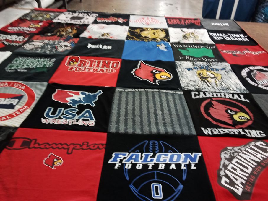 T-shirt quilt featuring cardinal football, falcon football by Diana from WA