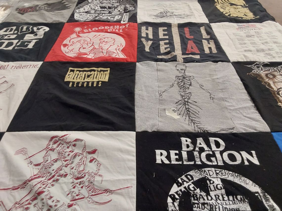 T-shirt quilt with music, punk themes by Susan from NH