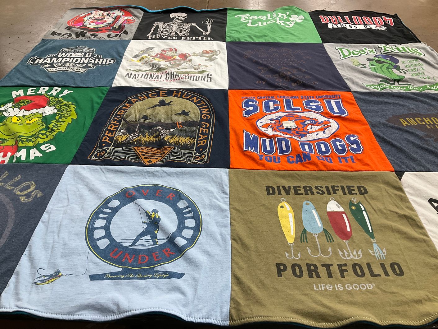 T-shirt quilt featuring southeastern central louisiana state university mud dogs by Susan from GA