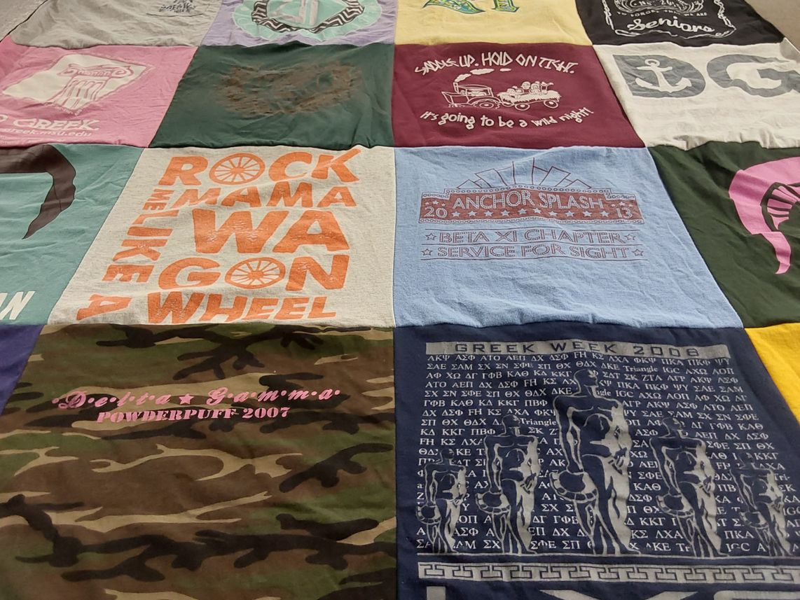 T-shirt quilt with sororities, fraternities themes by Cheryl from MI