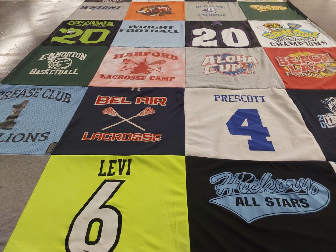 T-shirt quilt featuring blue claws, hickory all stars by Dawn from MD