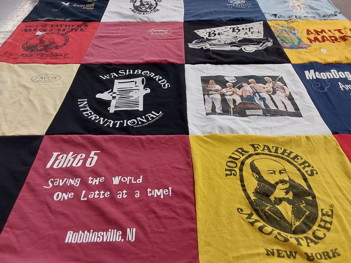 T-shirt quilt with music, coffee themes by Ira from NJ