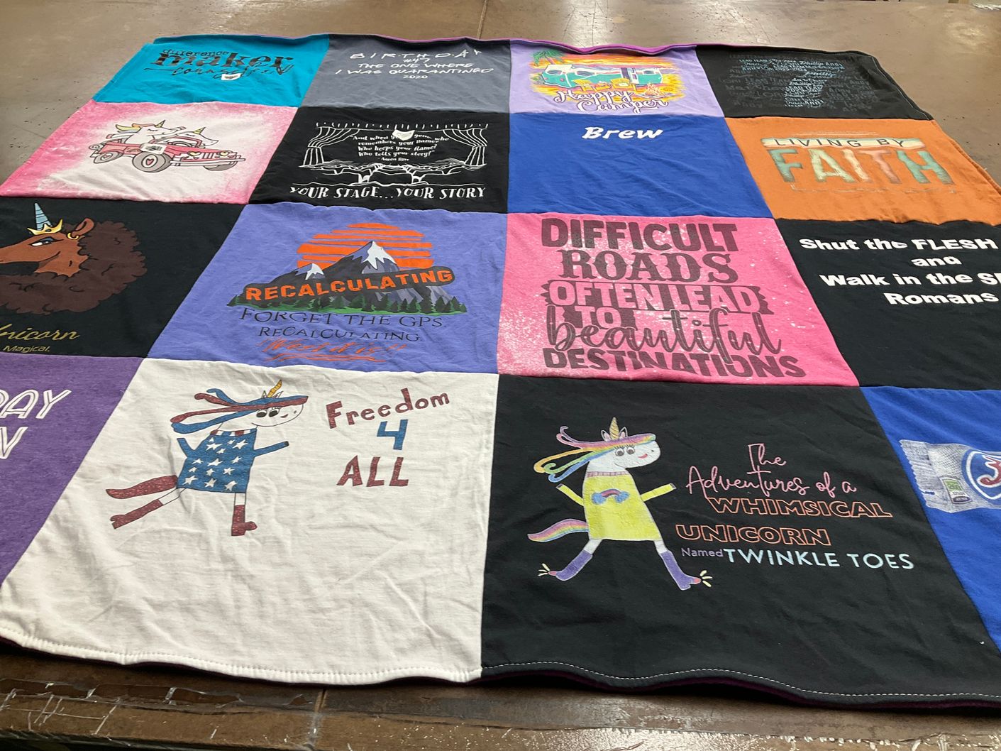 T-shirt quilt with whimsy, faith themes by Traci from AR