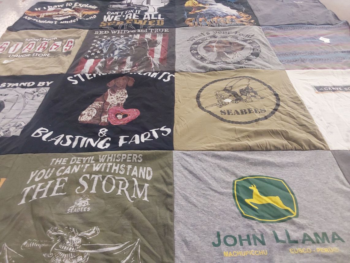 T-shirt quilt with military, hiking themes by Irelyn from OR