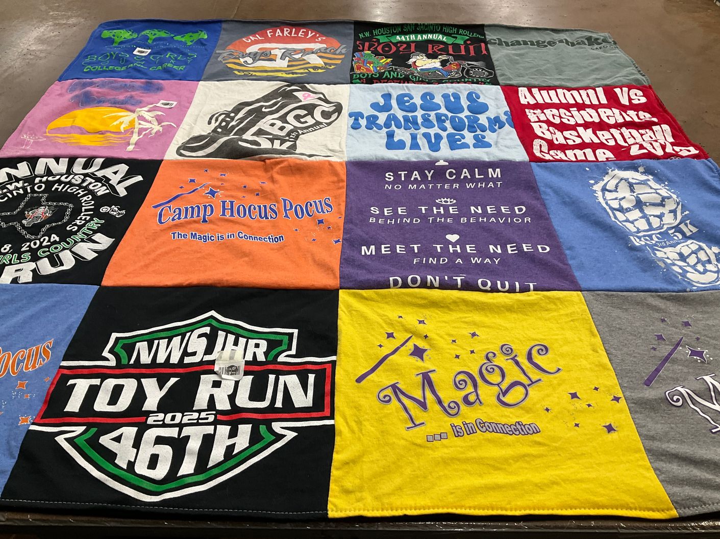 T-shirt quilt with community events, charity themes by Jessica from TX