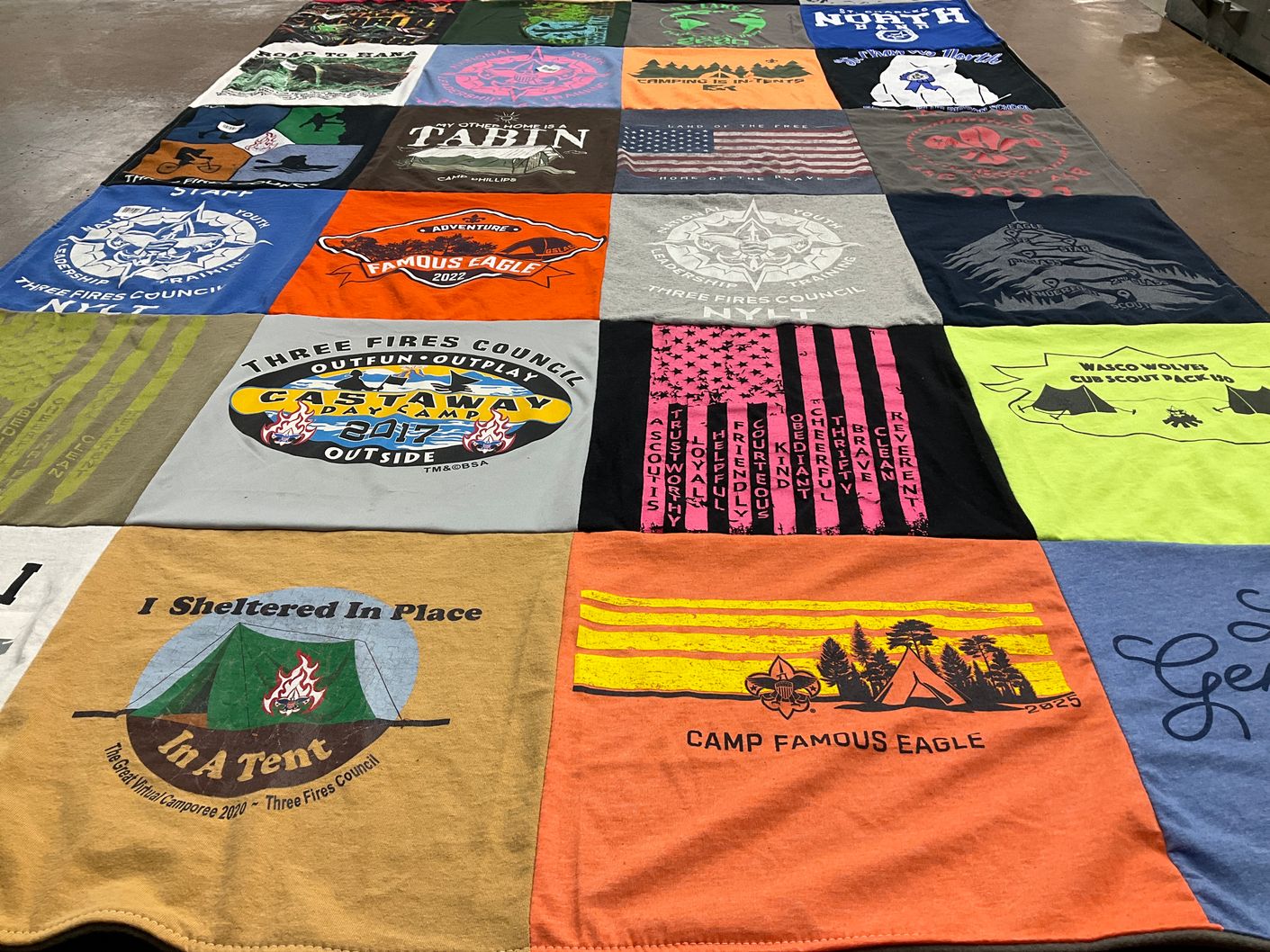 T-shirt quilt with camping, scouting themes by Rhonda from IL