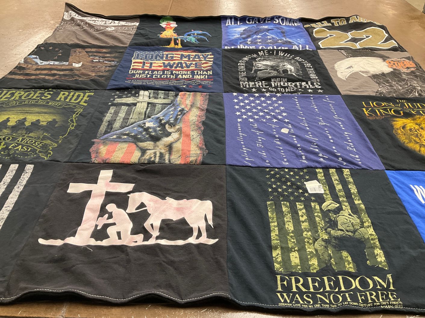 T-shirt quilt with military, veterans themes by Sandra from TX
