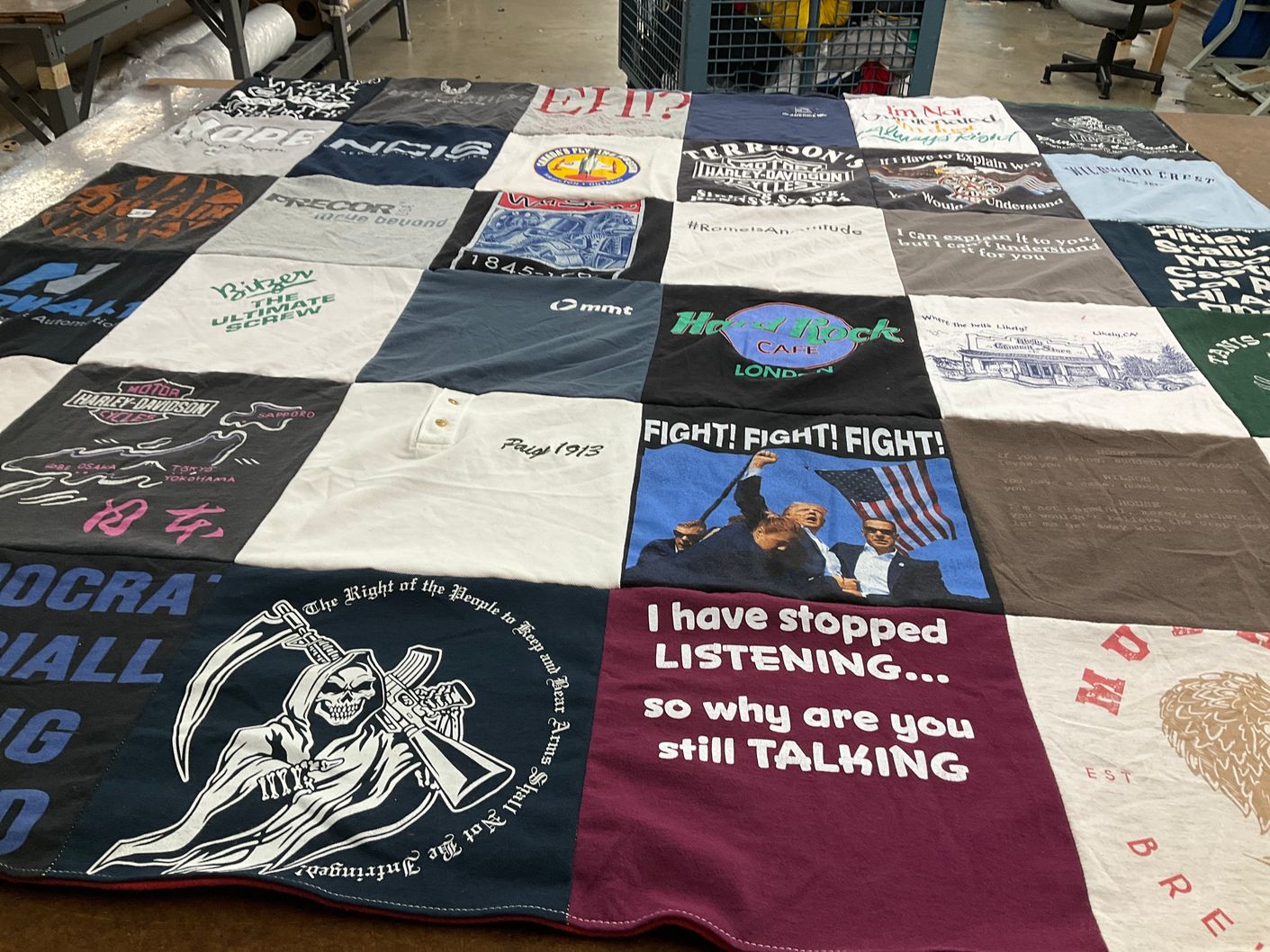 T-shirt quilt with motorcycles, music themes by Ines from FL