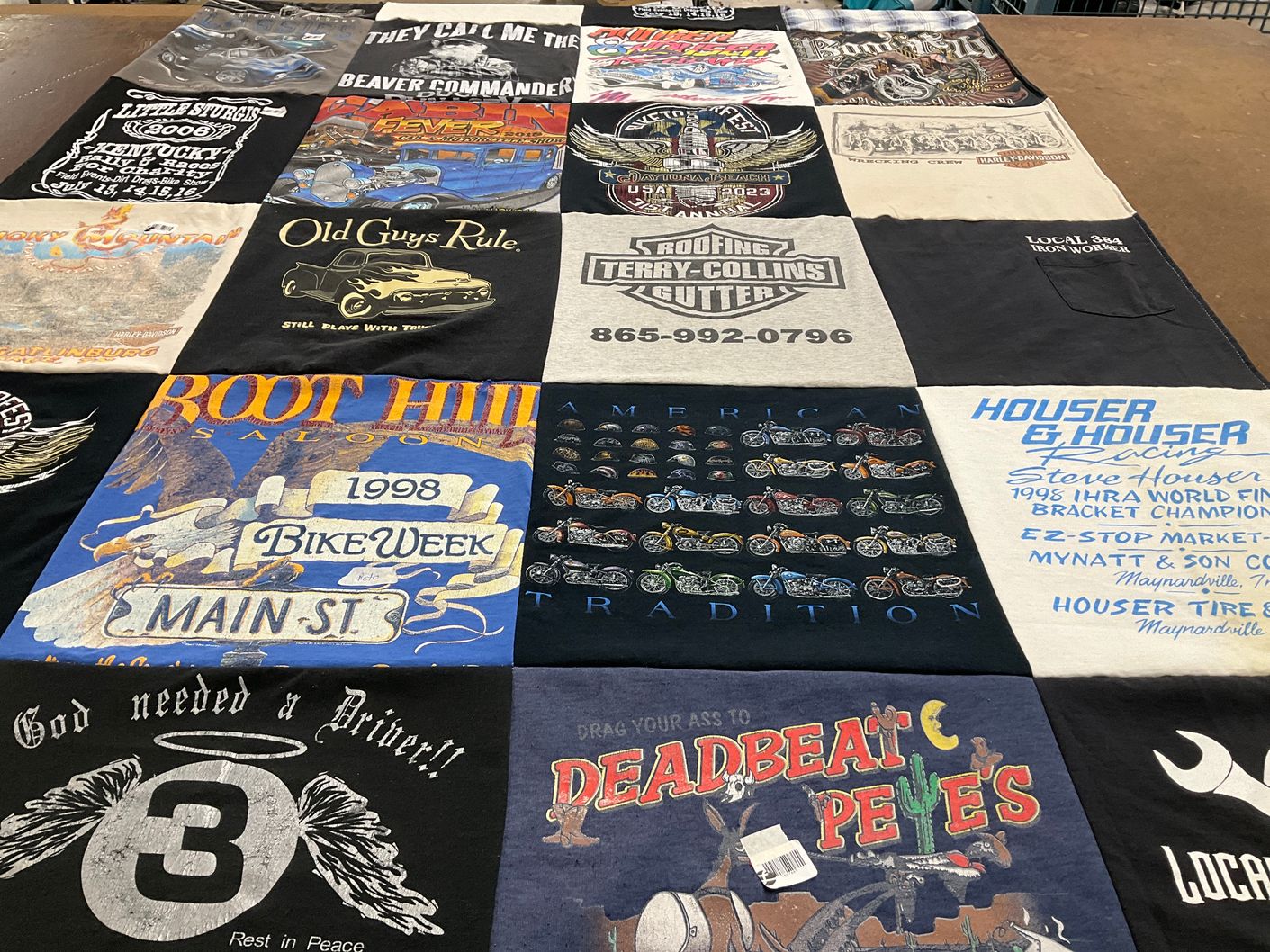 T-shirt quilt with motorcycles, biking themes by Mary from TN