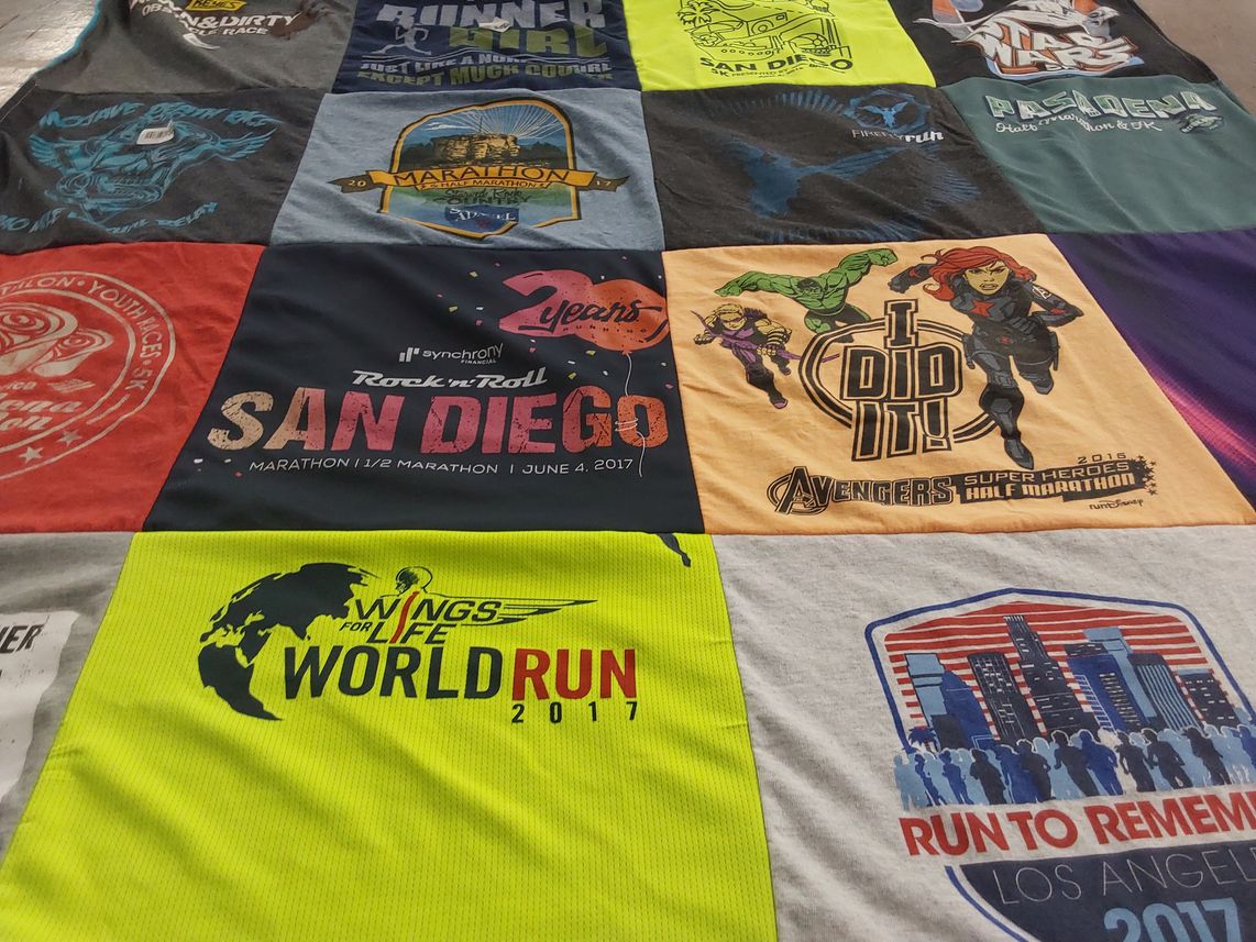 T-shirt quilt with running, marathons themes by Lisbet from CA