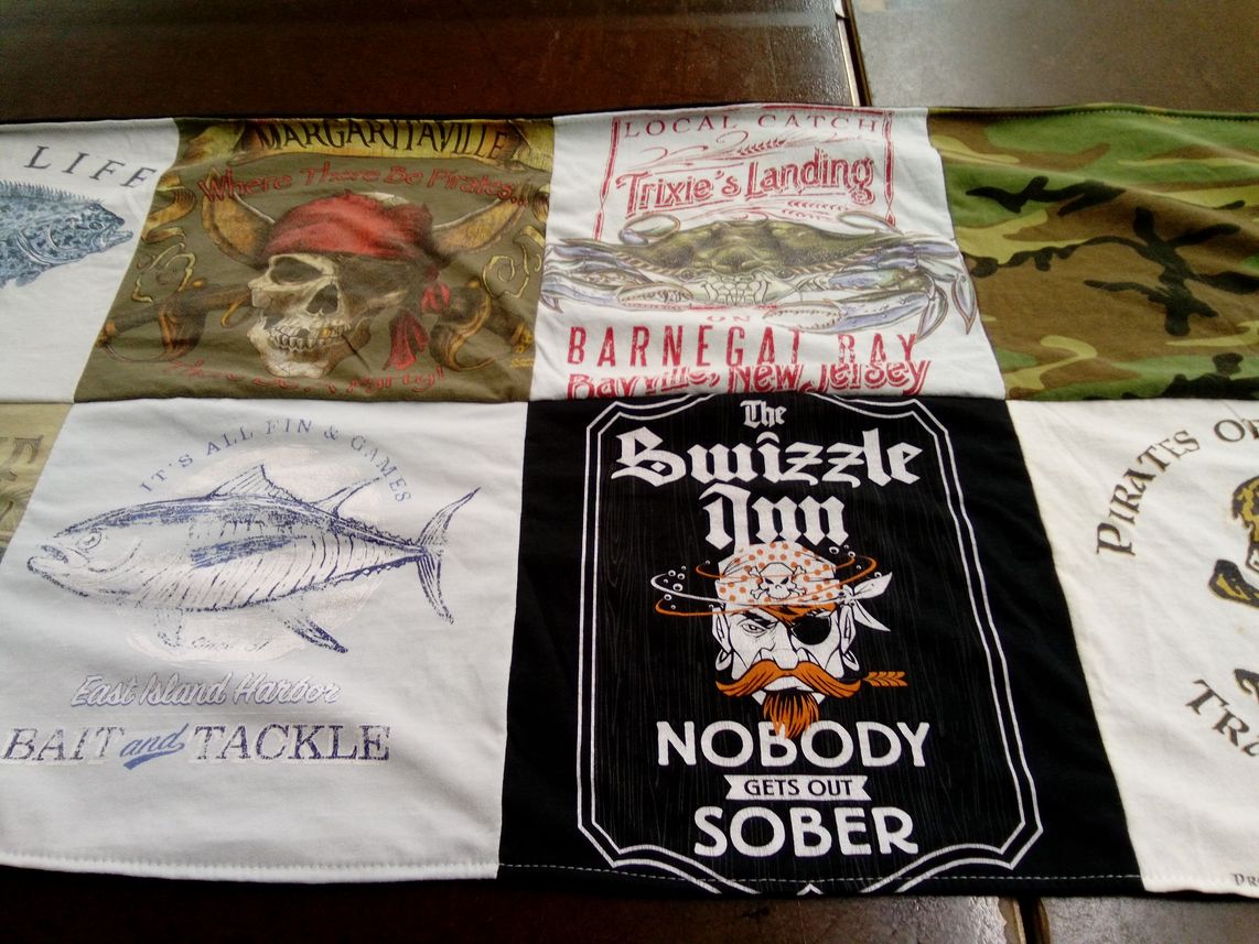T-shirt quilt with fishing, pirates themes by Michaeleann from NJ