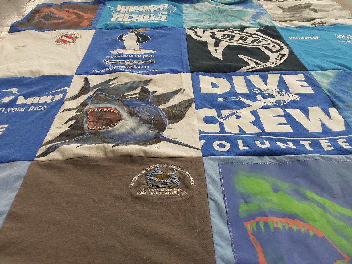 T-shirt quilt with marine biology, ocean conservation themes by Kim from KY