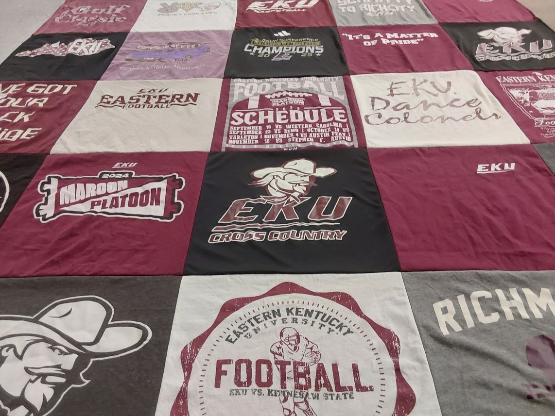 T-shirt quilt featuring eastern kentucky university football, eastern kentucky university cross country by Jody from KY