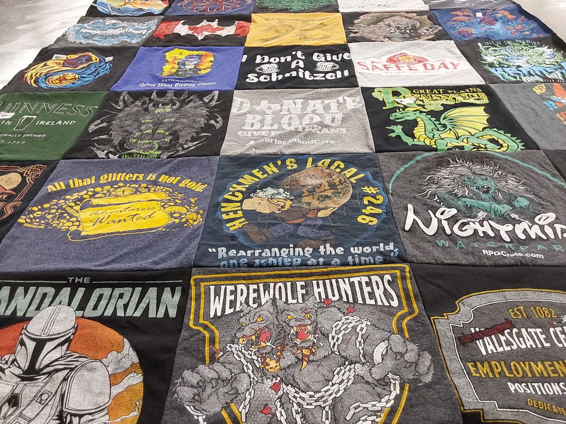 T-shirt quilt with gaming, fantasy themes by Lance from TX